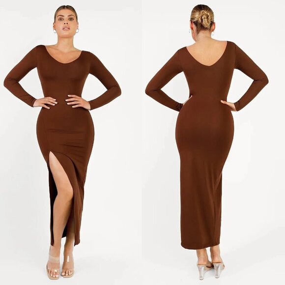 Popilush Dresses & Skirts - NWT New Popilush Shapewear Long Sleeve V-Neck Low Back Maxi Brown Dress Size M